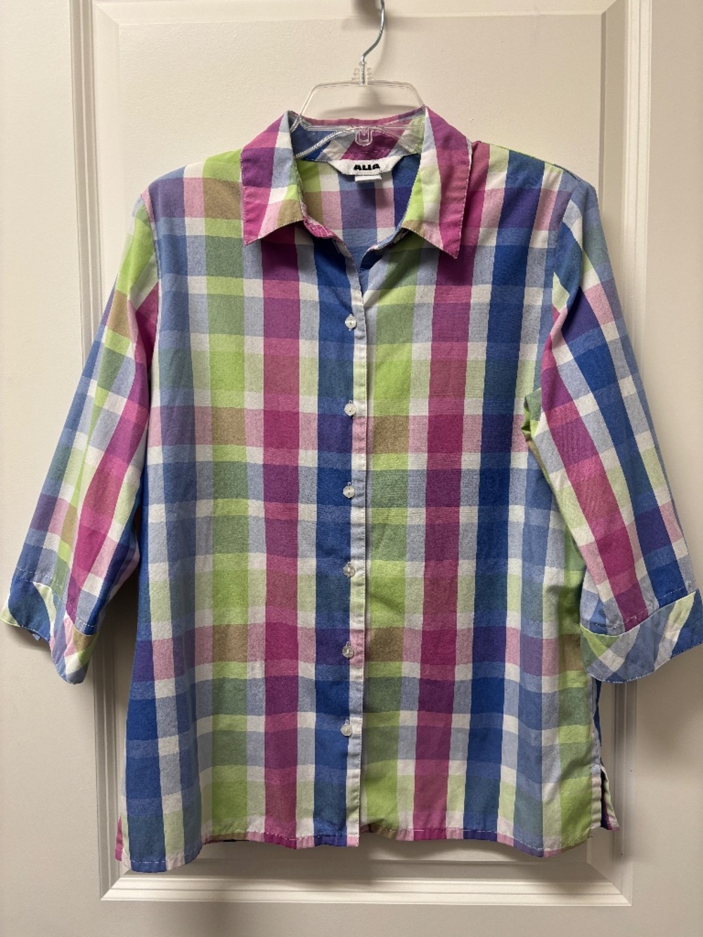 Alia Plaid Blouse 3/4 Sleeve Multicolor Button Front Collar Summer Womens